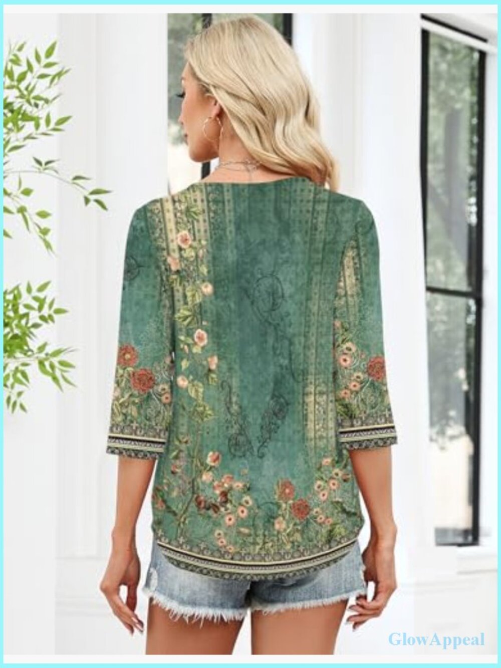 Dressy Casual Henley V Neck Blouse 3/4 Sleeve Loose Fit Tunic Summer Top - Picture 5 of 7